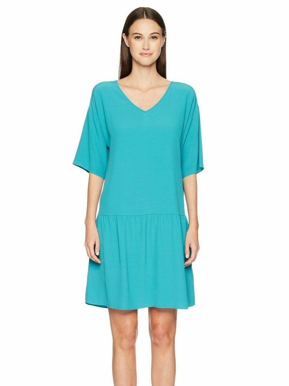 Eileen‎ Fisher V-Neck Drop-Waist Midi Dress in Turquoise Size Medium